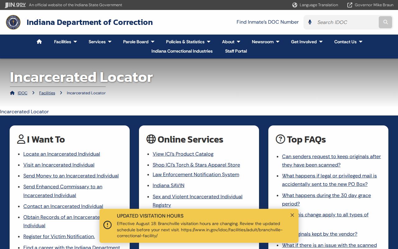 Indiana Department of Correction incarcerated locator search page