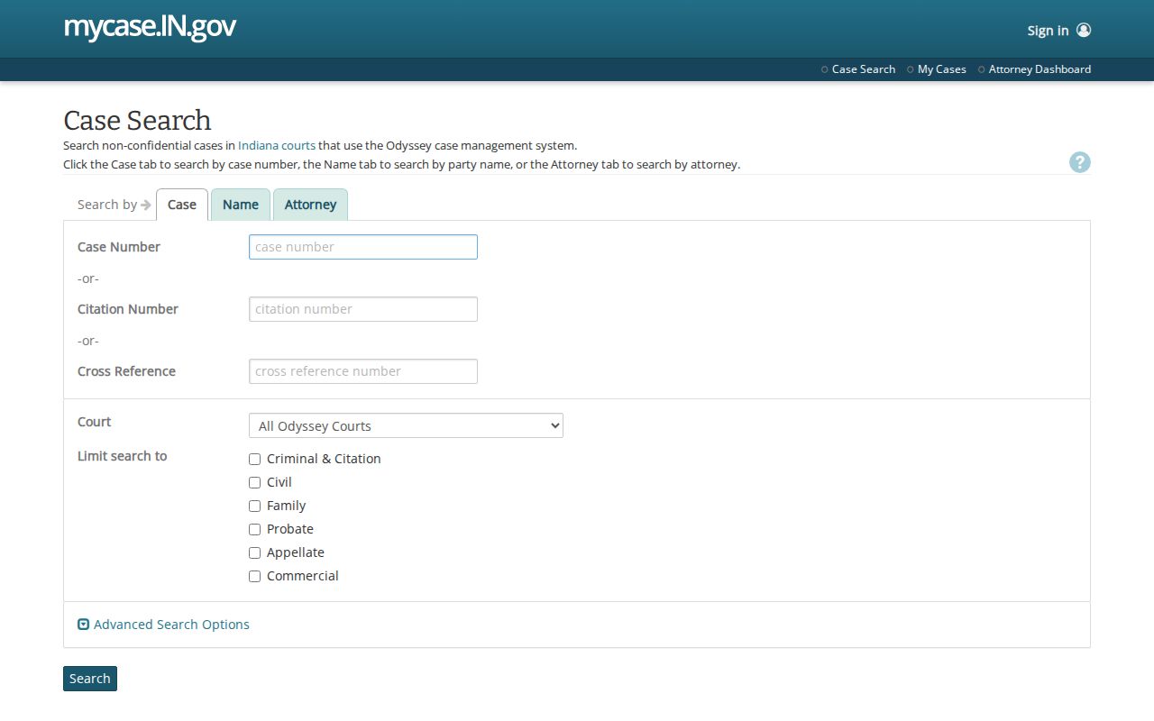 Indiana MyCase public court record search interface